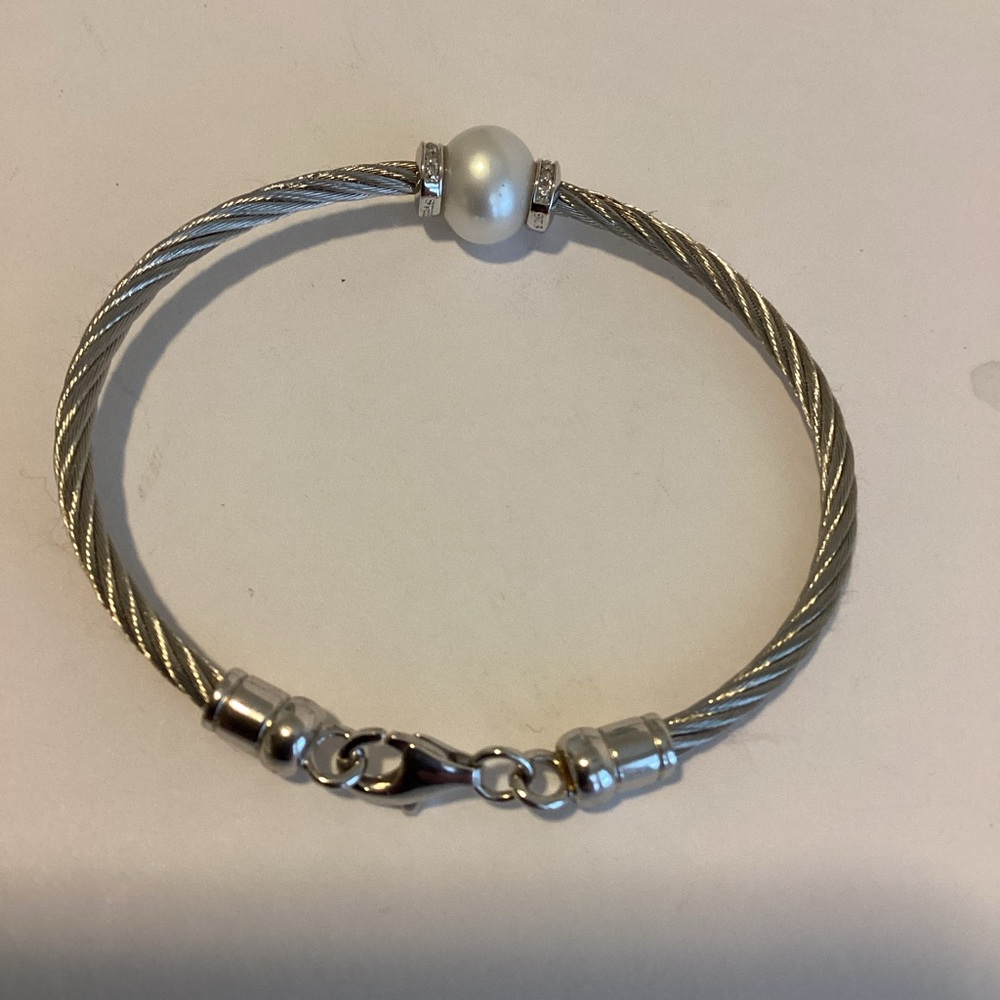 925 Sterling Silver Twisted Cable Pearl Bangle Bracelet Classic Layering Piece - Picture 8 of 10